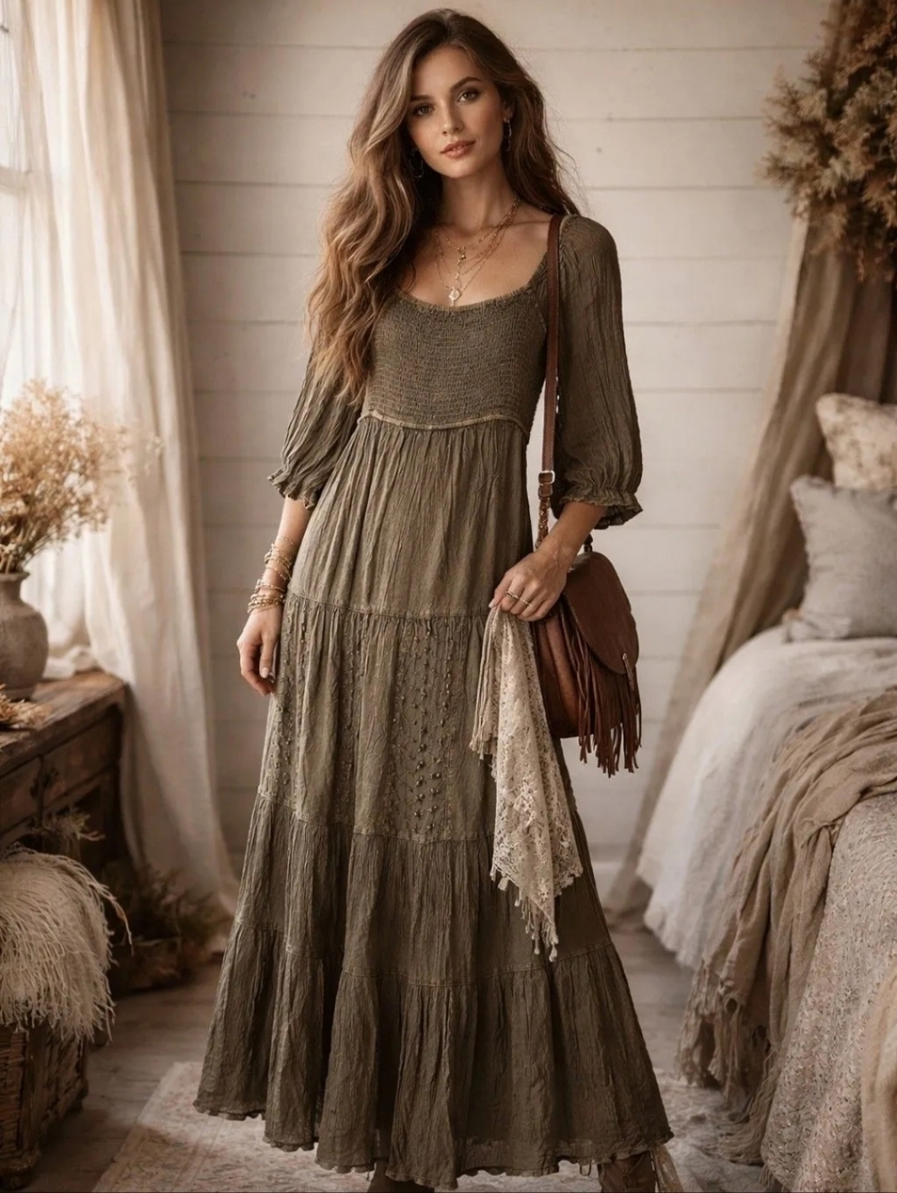 Boho Olive Green Tiered Maxi Dress with Smocked Bodice